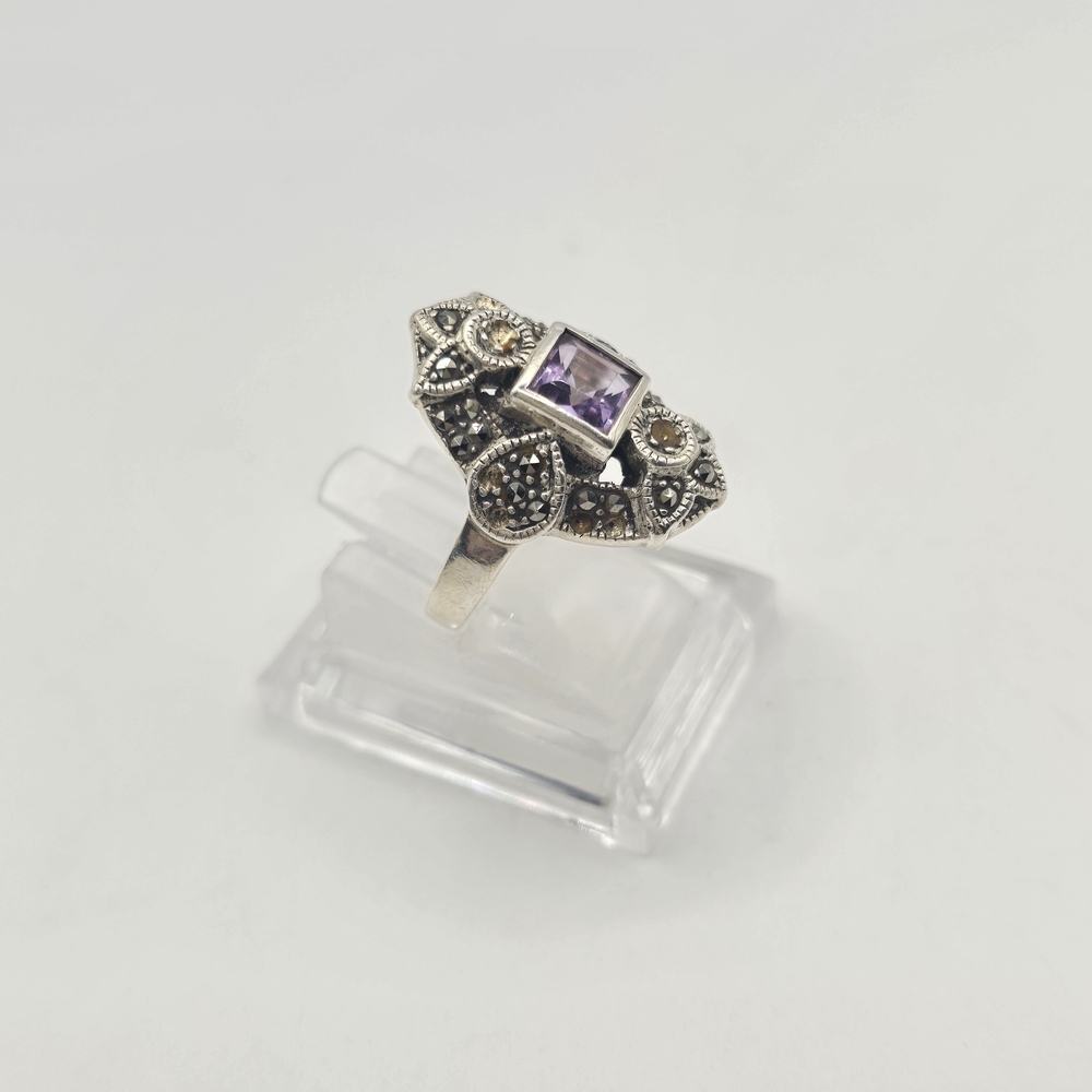 Vintage Ari D. Norman Sterling Silver Amethyst & Marcasite Victorian Style Ring - Picture 4 of 7
